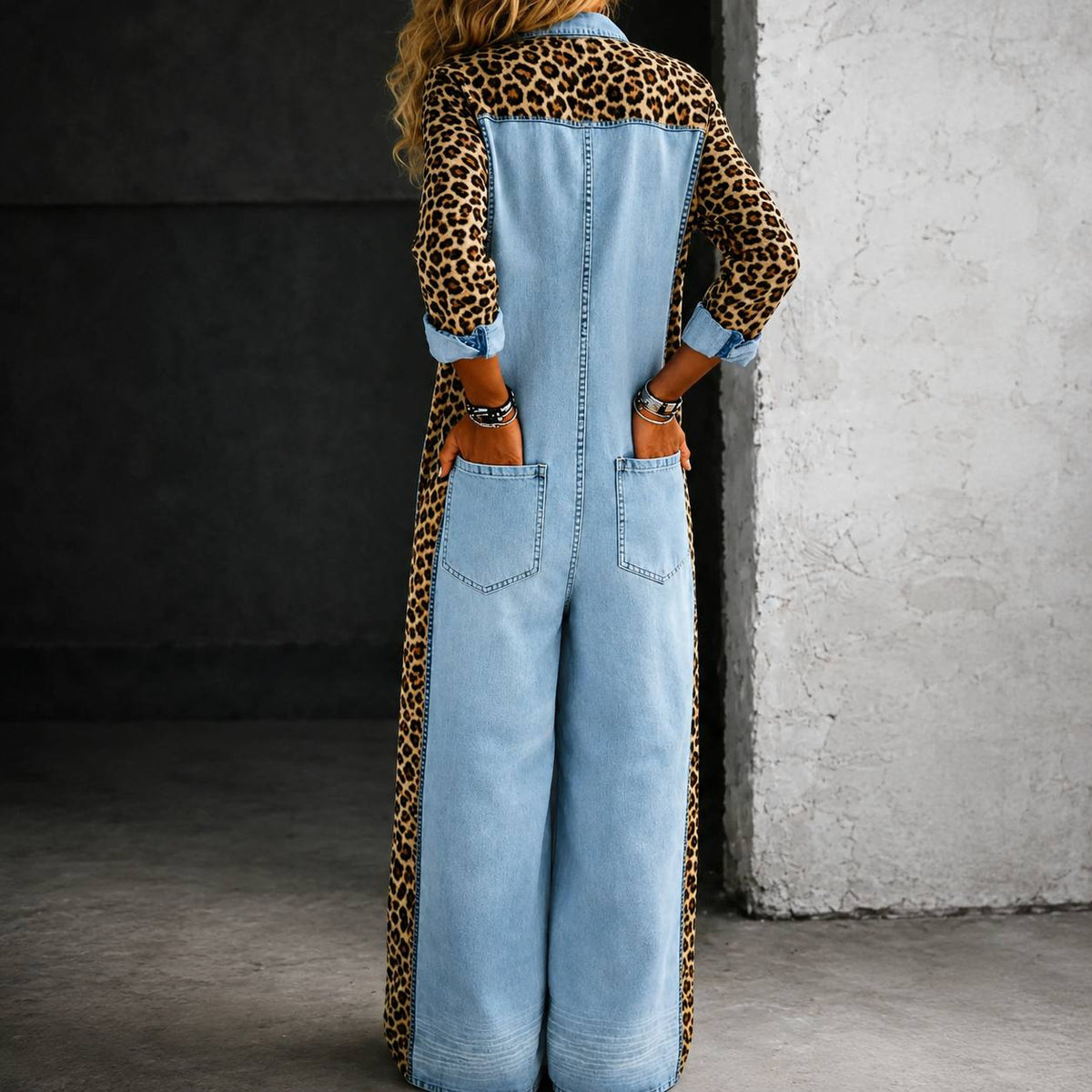 Women's Leopard Denim Wide Leg Jumpsuit
