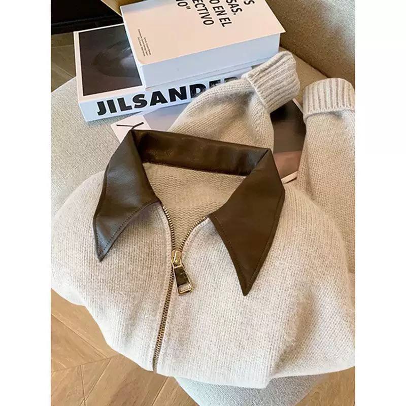 Women's Faux Leather Collar Zip Knit Cardigan
