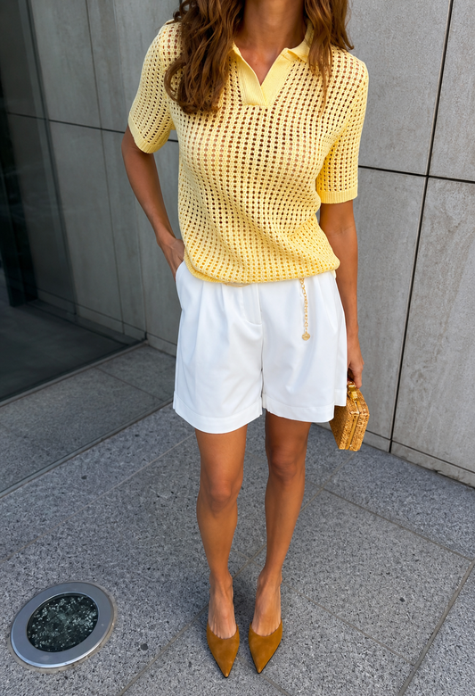 Textured Knit Polo Top – Short Sleeve V-Neck