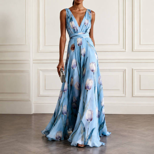 Women's Floral V Neck Sleeveless Maxi Dress