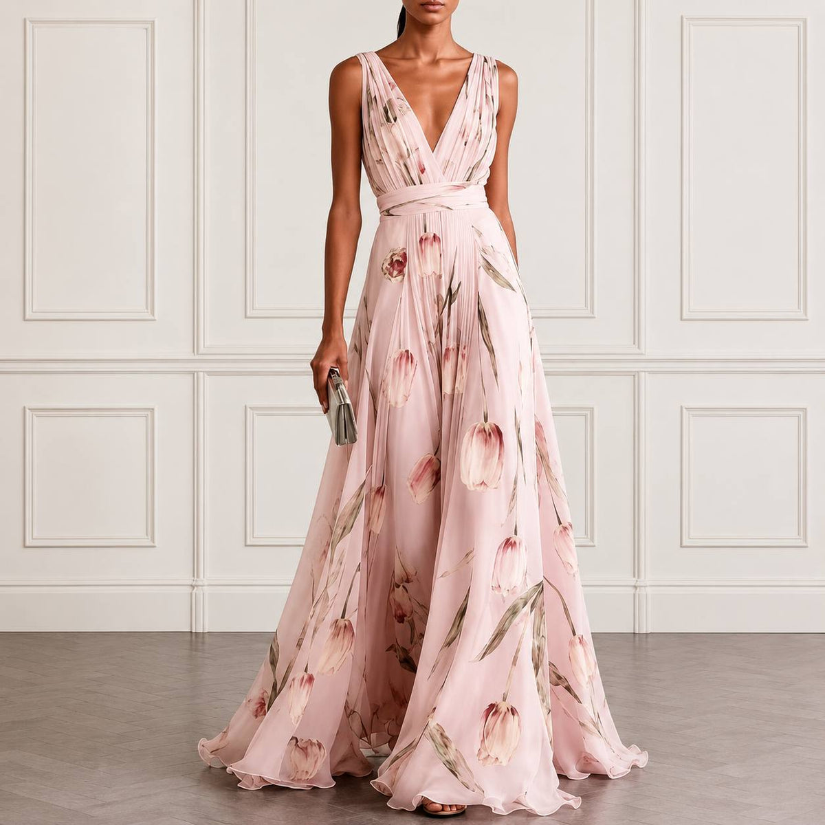 Women's Floral V Neck Sleeveless Maxi Dress