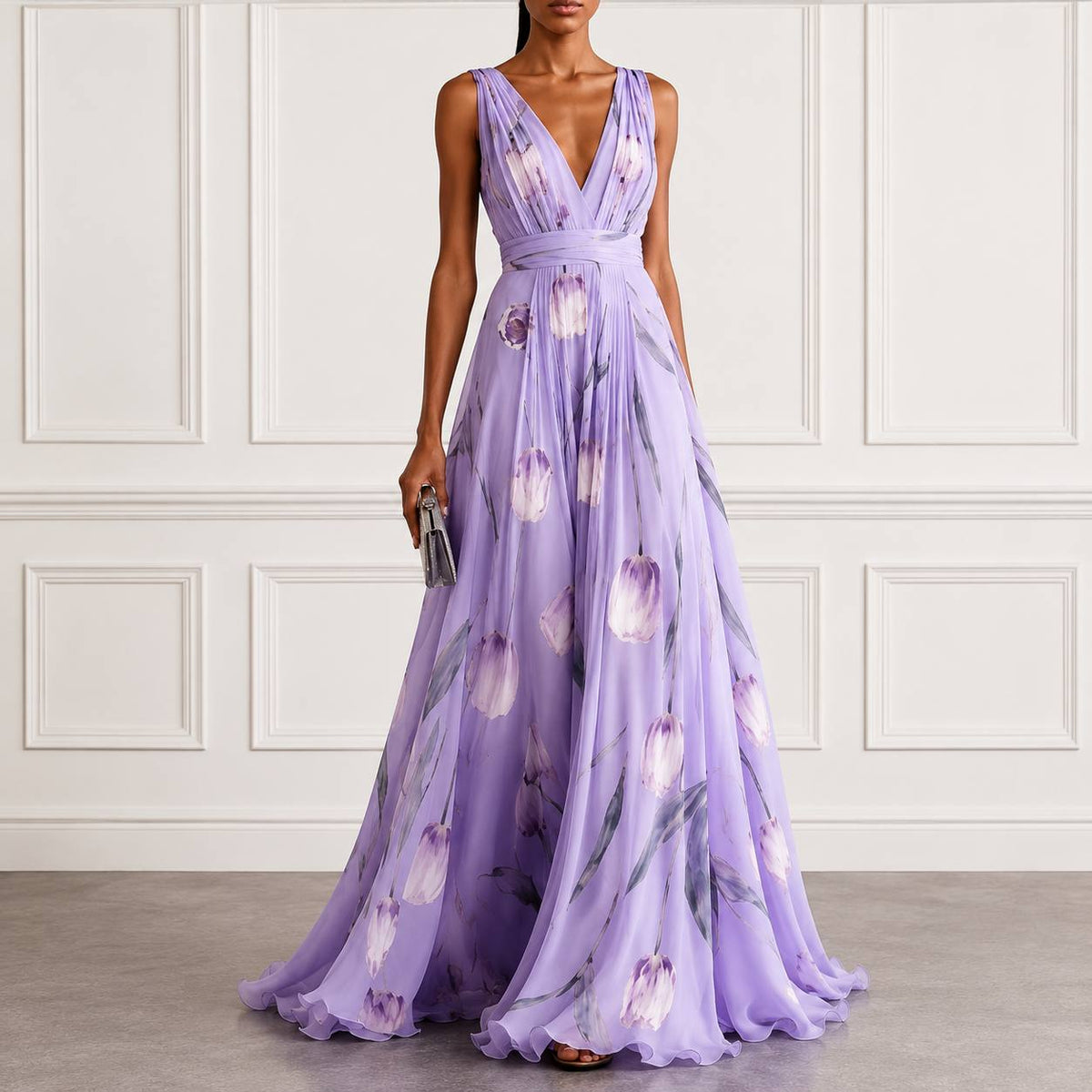 Women's Floral V Neck Sleeveless Maxi Dress