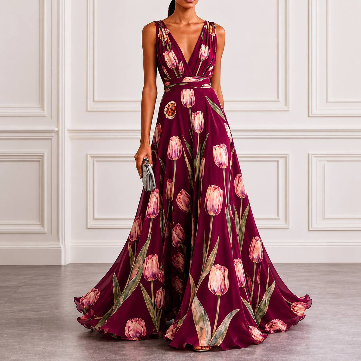 Women's Floral V Neck Sleeveless Maxi Dress