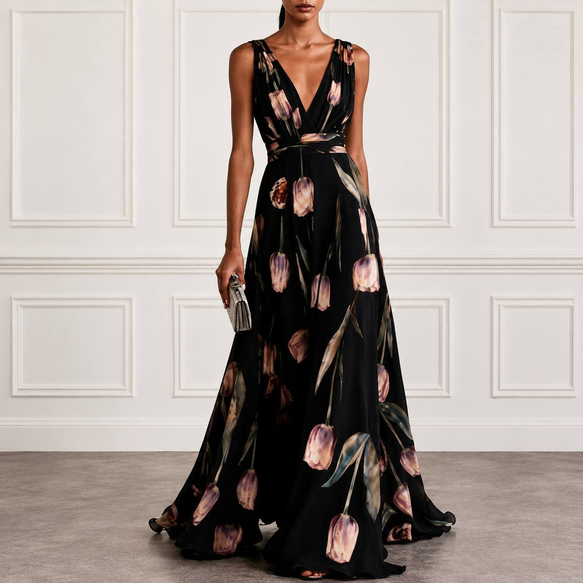 Women's Floral V Neck Sleeveless Maxi Dress
