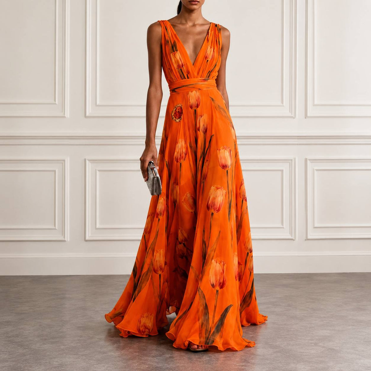 Women's Floral V Neck Sleeveless Maxi Dress