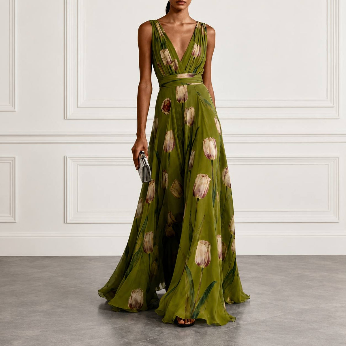Women's Floral V Neck Sleeveless Maxi Dress