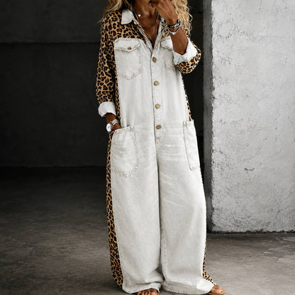 Women's Leopard Denim Wide Leg Jumpsuit