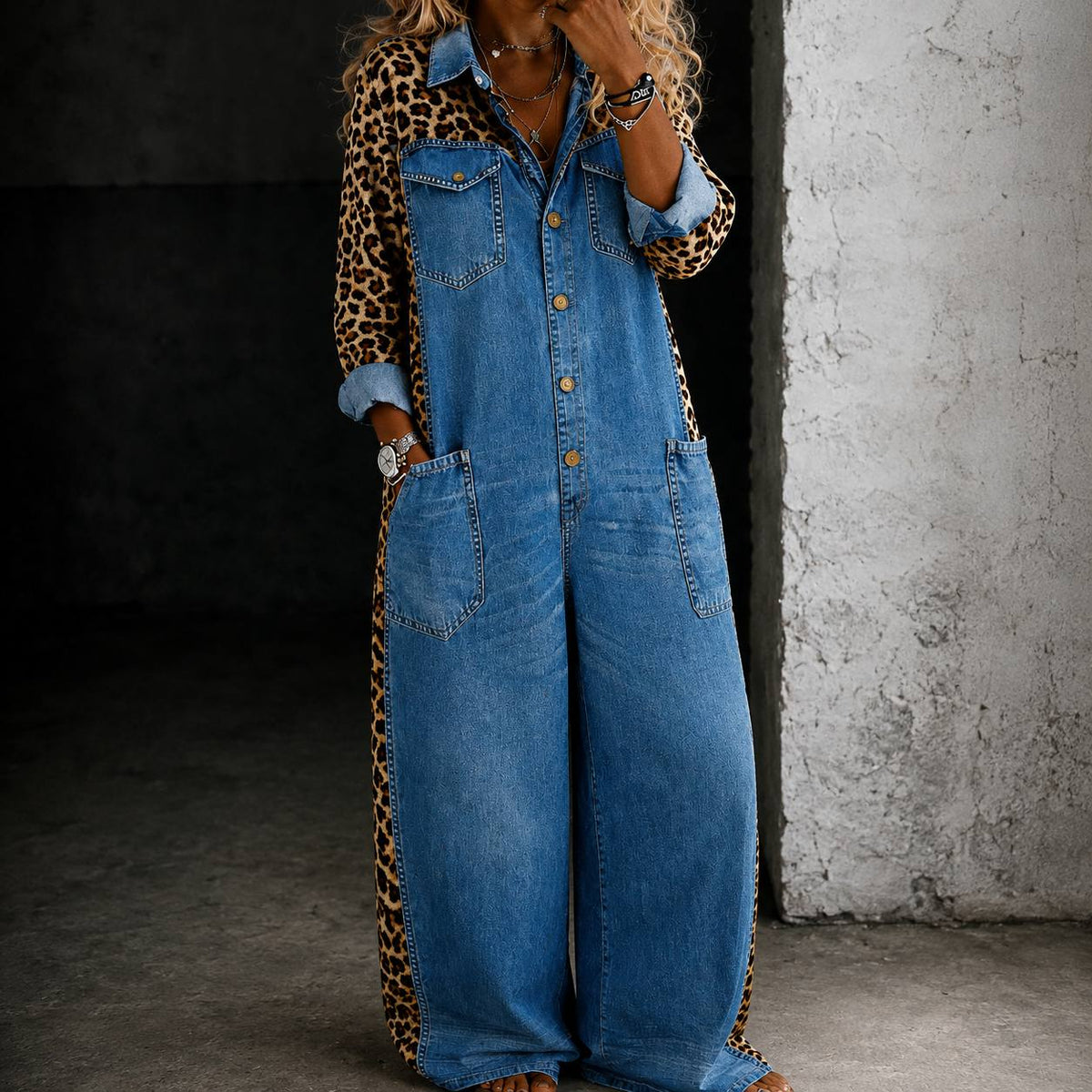 Women's Leopard Denim Wide Leg Jumpsuit
