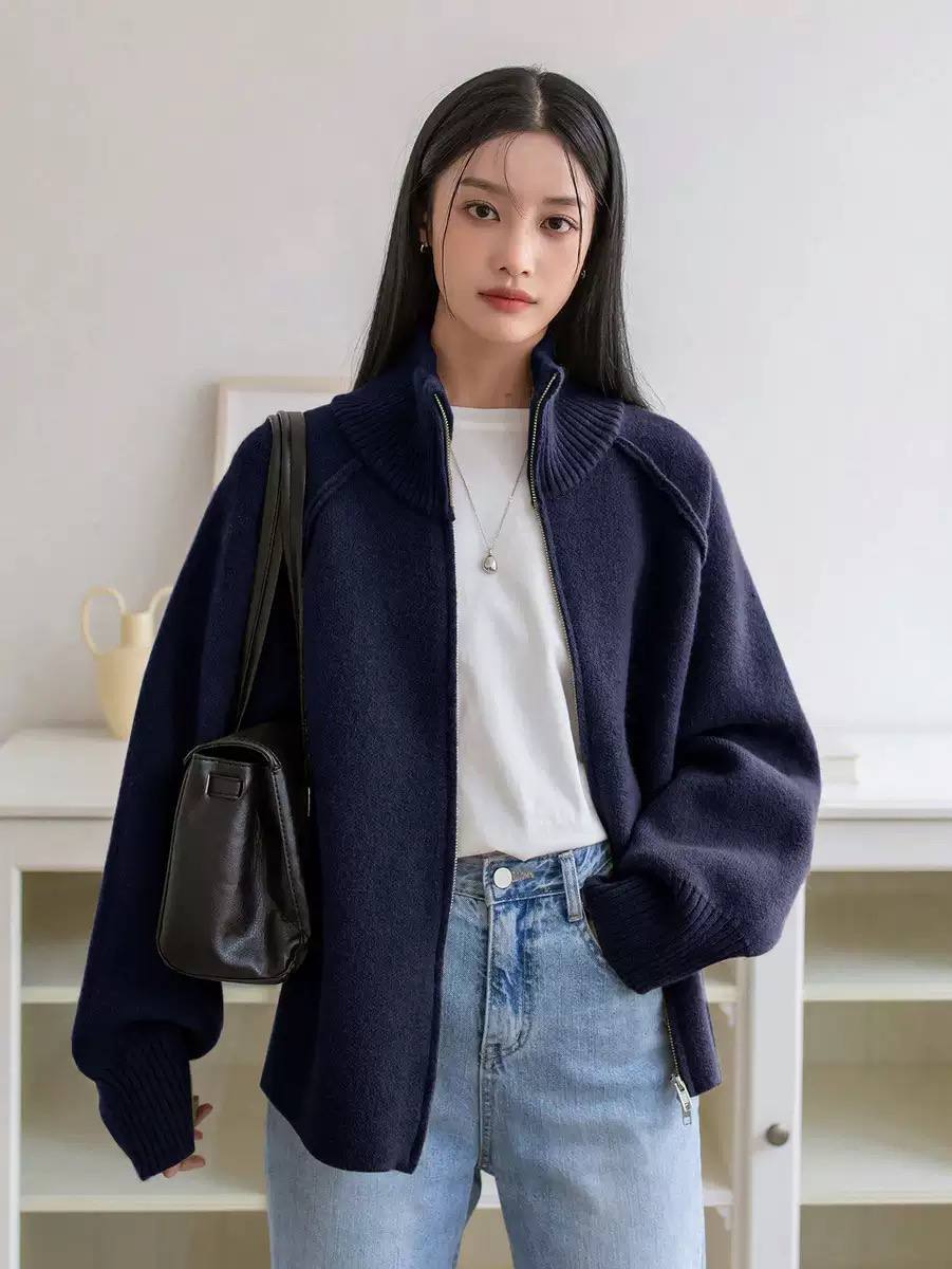 Women's Zip-Up High Neck Knit Cardigan
