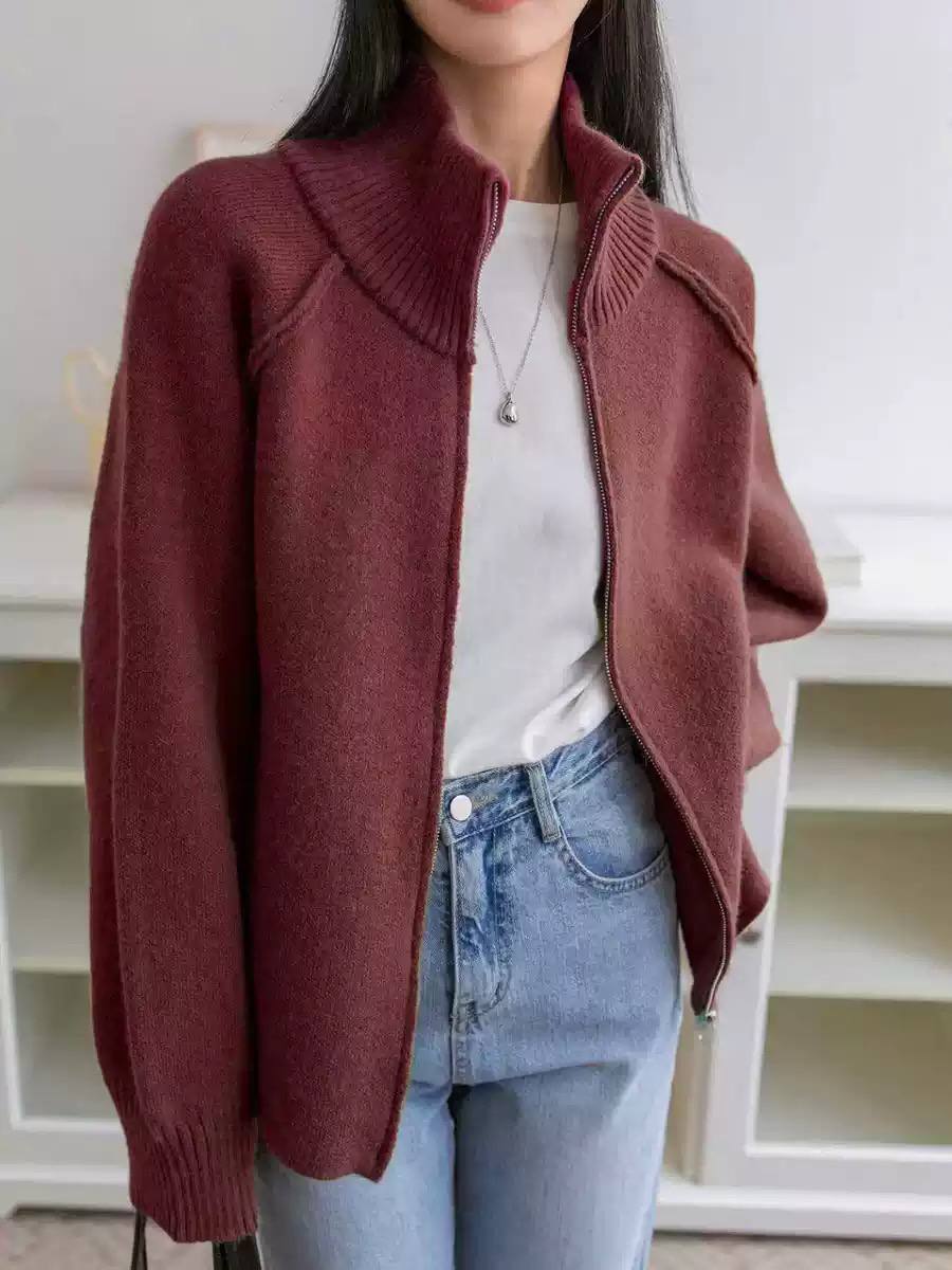 Women's Zip-Up High Neck Knit Cardigan