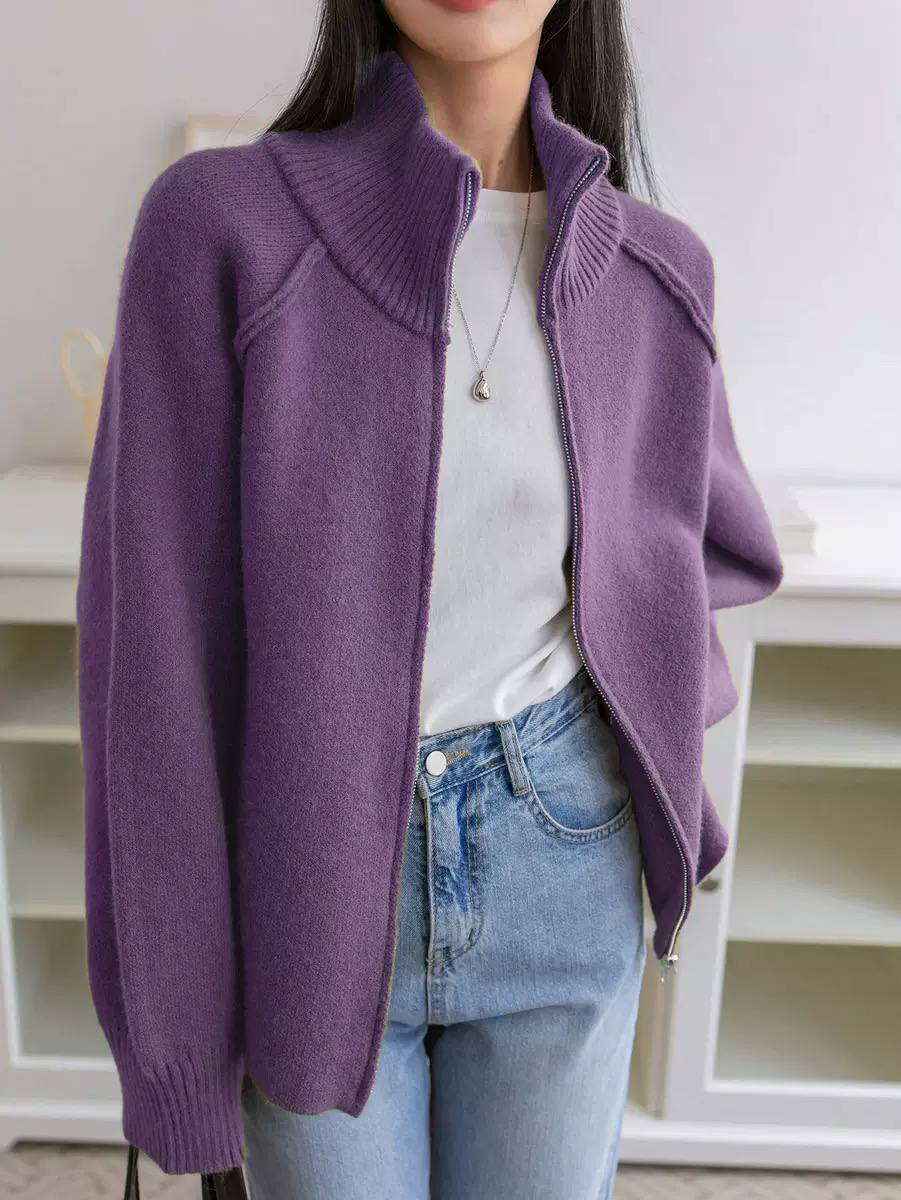 Women's Zip-Up High Neck Knit Cardigan