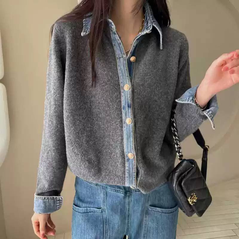 Women's Denim Collar Knit Cardigan