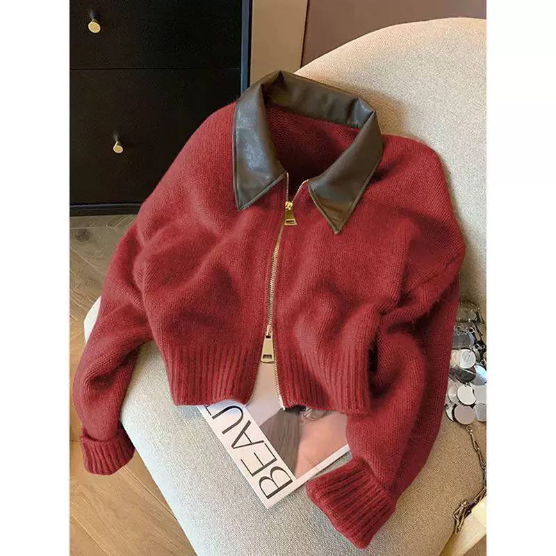 Women's Faux Leather Collar Zip Knit Cardigan
