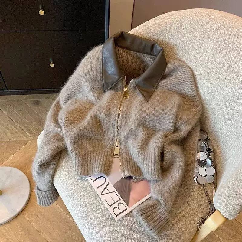 Women's Faux Leather Collar Zip Knit Cardigan