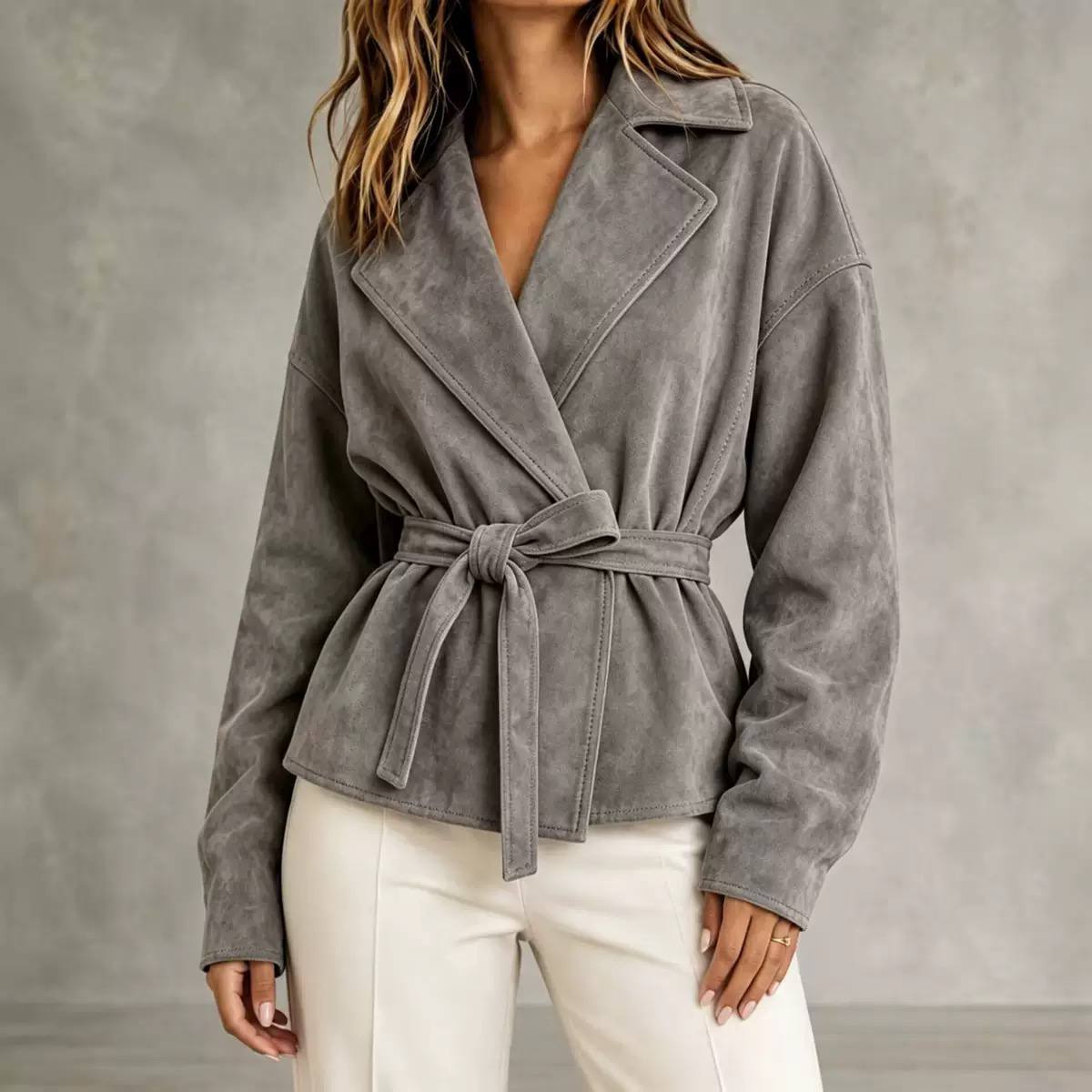 Women's Faux Suede Belted Wrap Jacket