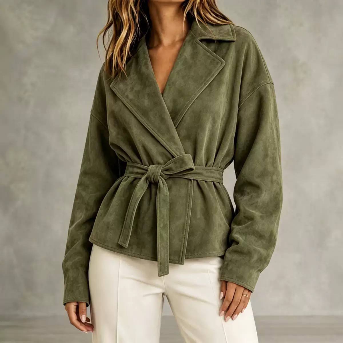 Women's Faux Suede Belted Wrap Jacket