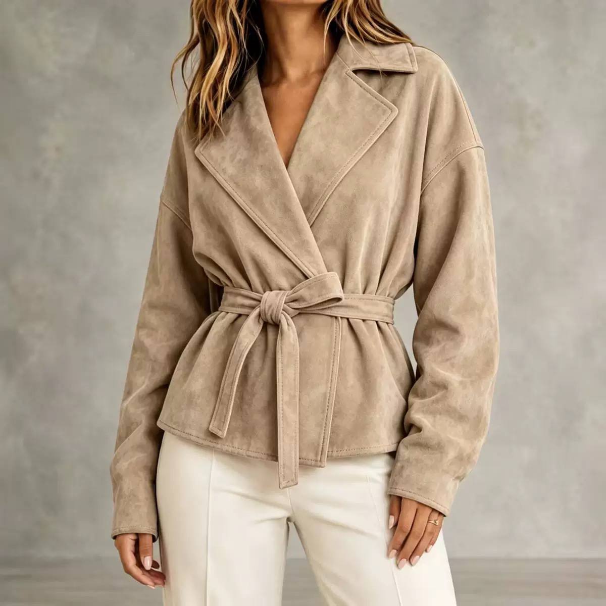 Women's Faux Suede Belted Wrap Jacket