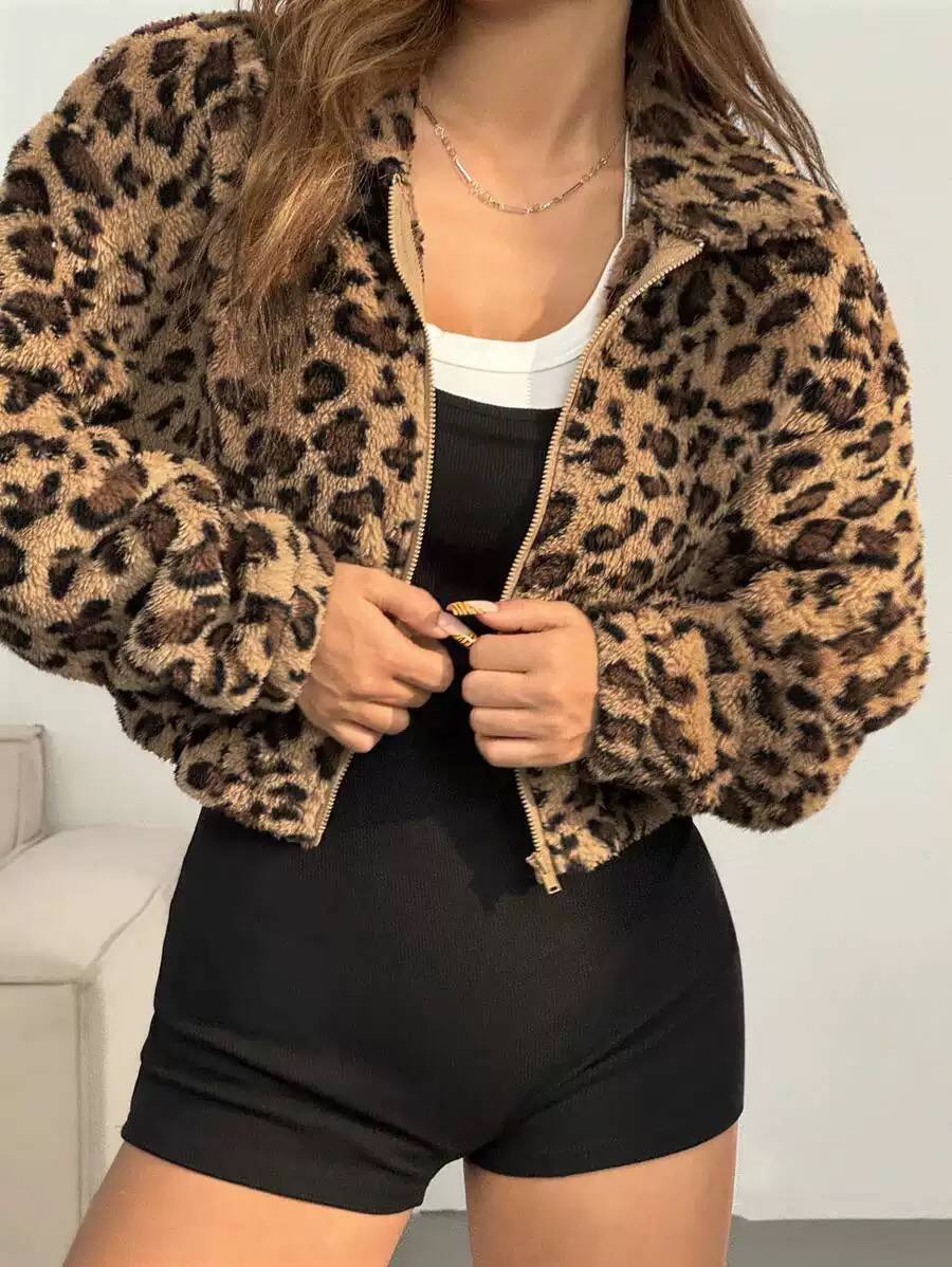 Women's Leopard Print Teddy Fleece Jacket