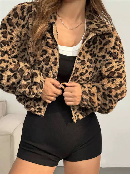 Women's Leopard Print Teddy Fleece Jacket