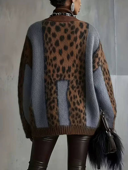 Women's Leopard Color Block Turtleneck Sweater