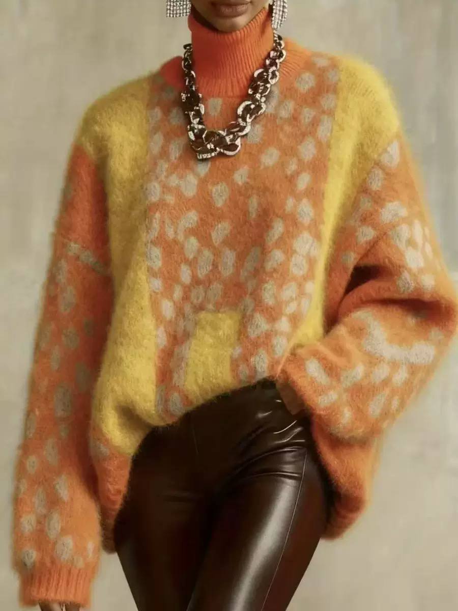 Women's Leopard Color Block Turtleneck Sweater