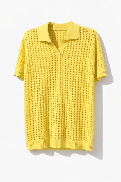 Textured Knit Polo Top – Short Sleeve V-Neck
